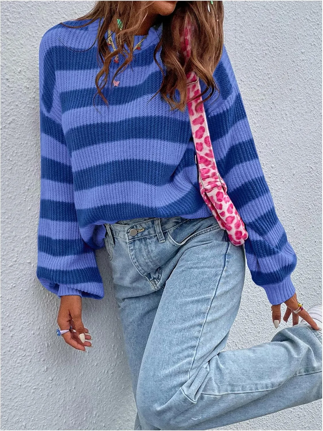 SOLY HUX Women's Color Block Striped Knit Tops Casual Long Sleeve Drop Shoulder Sweater Pullovers