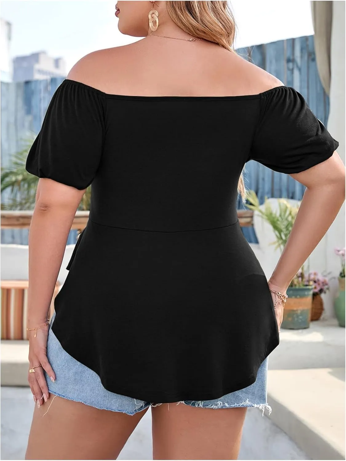 SOLY HUX Women's Plus Size Short Sleeve Peplum Blouse Tie Front Ruffle Hem Summer T Shirt Tops