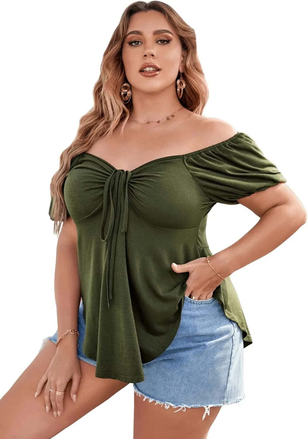 SOLY HUX Women's Plus Size Short Sleeve Peplum Blouse Tie Front Ruffle Hem Summer T Shirt Tops