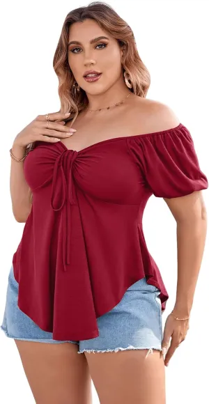 SOLY HUX Women's Plus Size Short Sleeve Peplum Blouse Tie Front Ruffle Hem Summer T Shirt Tops