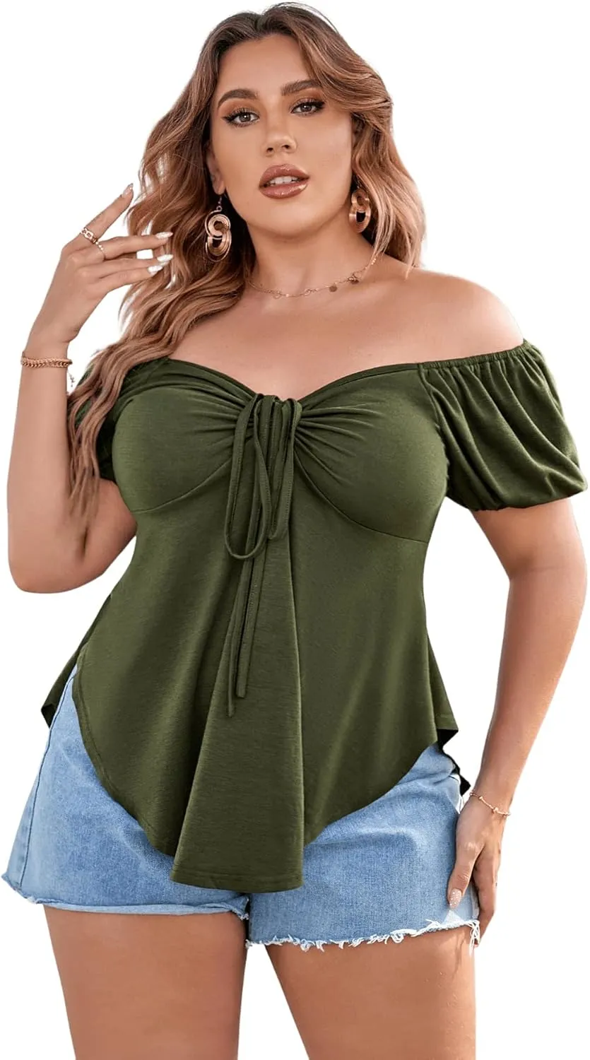 SOLY HUX Women's Plus Size Short Sleeve Peplum Blouse Tie Front Ruffle Hem Summer T Shirt Tops