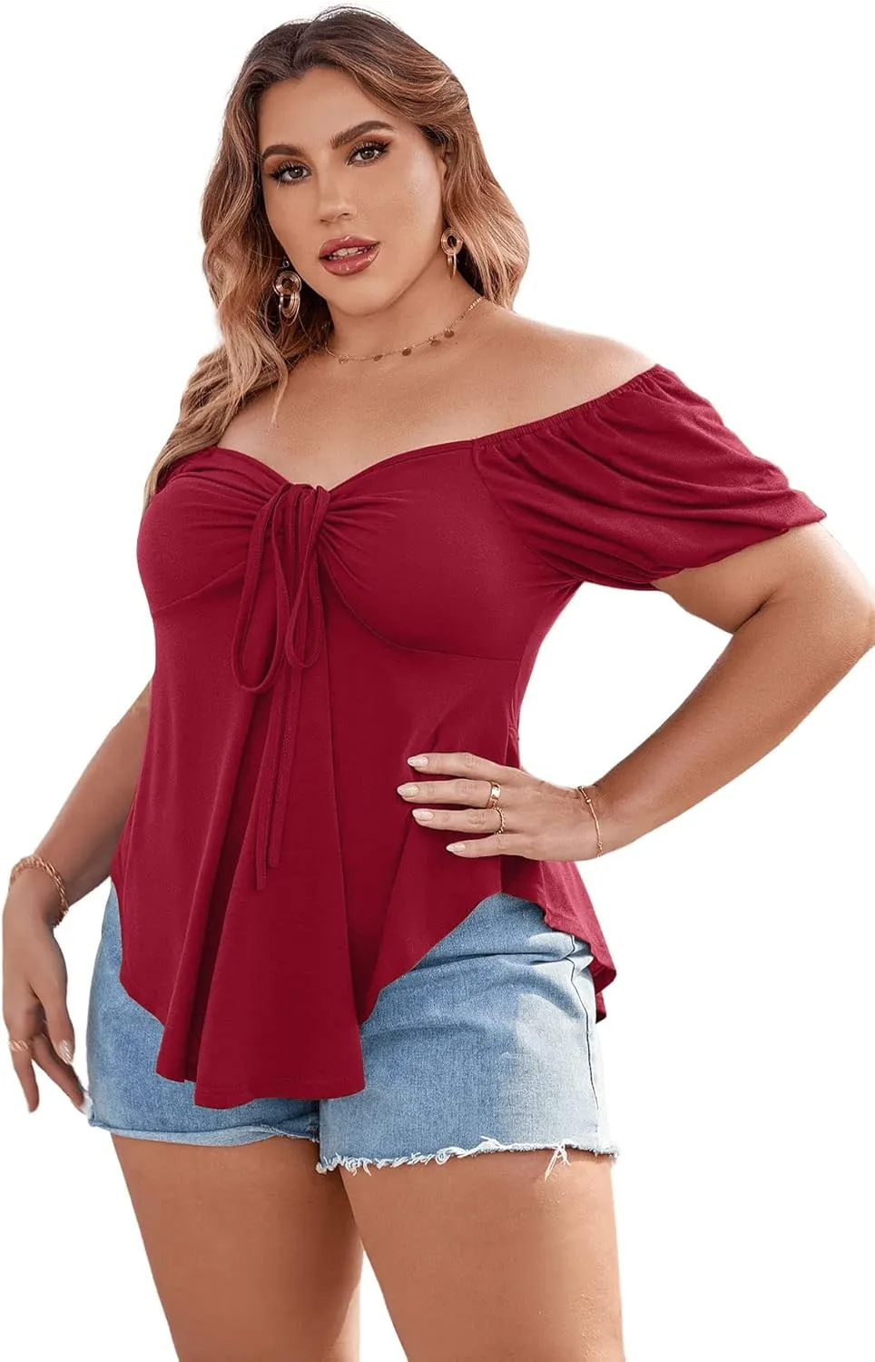 SOLY HUX Women's Plus Size Short Sleeve Peplum Blouse Tie Front Ruffle Hem Summer T Shirt Tops
