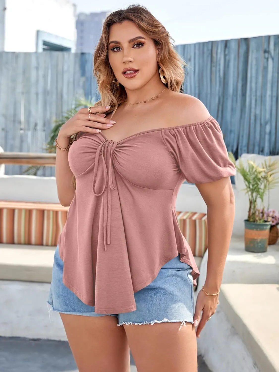 SOLY HUX Women's Plus Size Short Sleeve Peplum Blouse Tie Front Ruffle Hem Summer T Shirt Tops