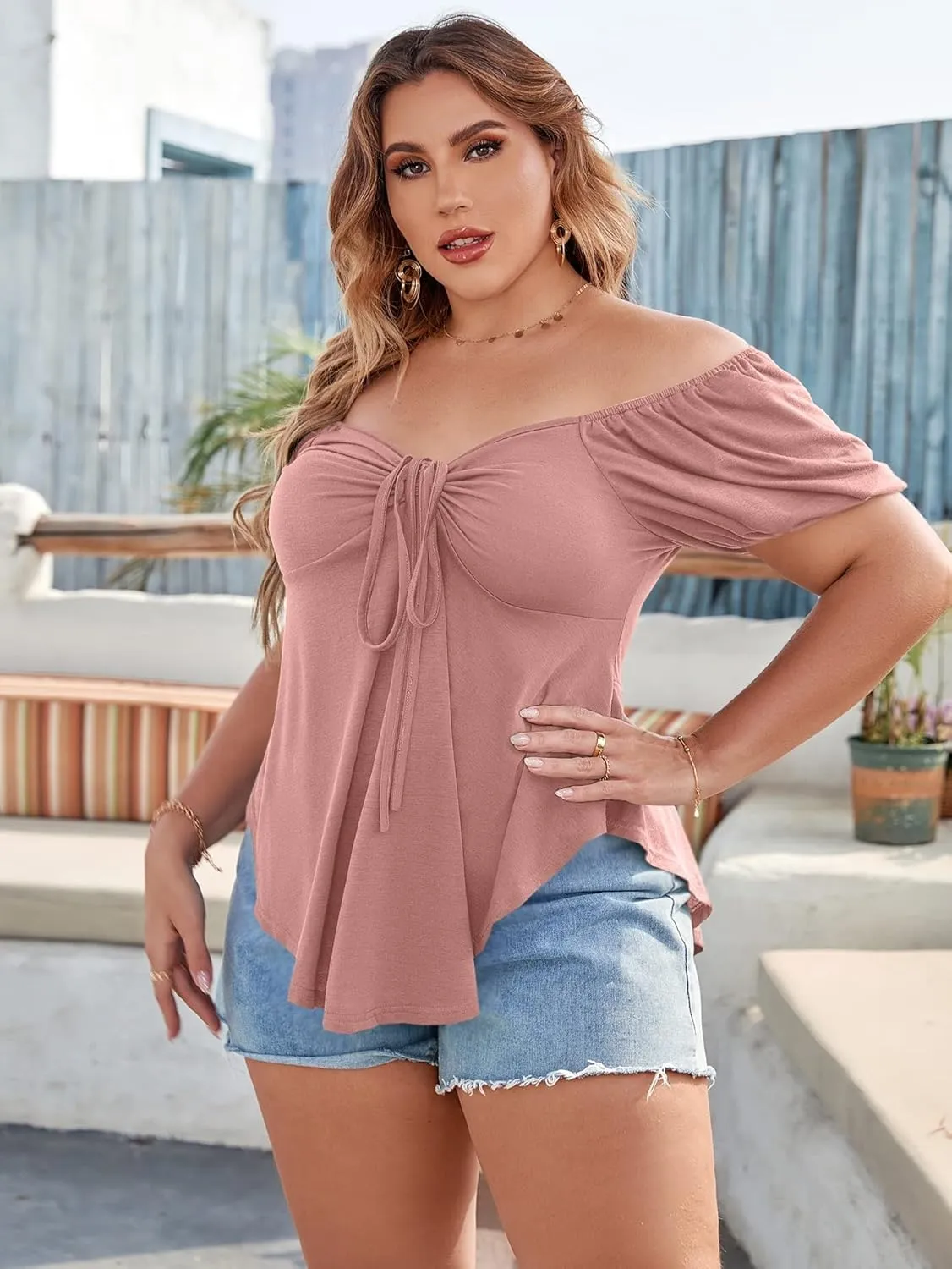 SOLY HUX Women's Plus Size Short Sleeve Peplum Blouse Tie Front Ruffle Hem Summer T Shirt Tops