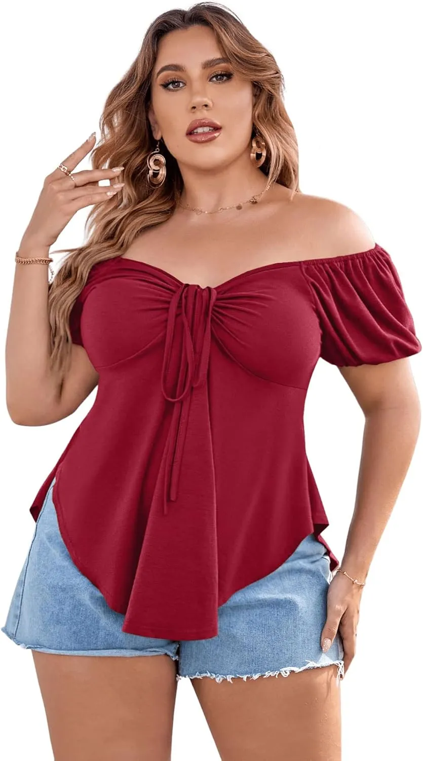 SOLY HUX Women's Plus Size Short Sleeve Peplum Blouse Tie Front Ruffle Hem Summer T Shirt Tops