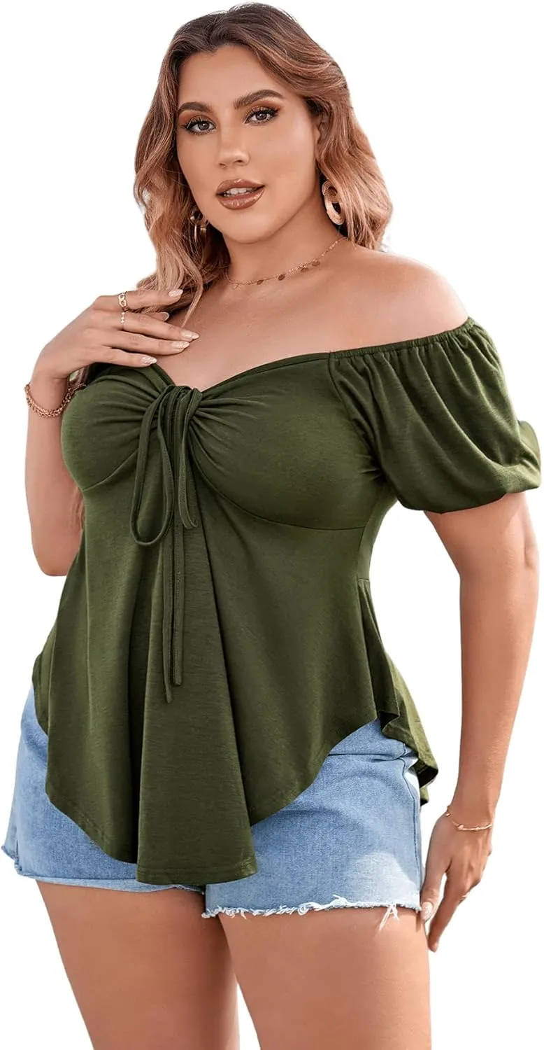 SOLY HUX Women's Plus Size Short Sleeve Peplum Blouse Tie Front Ruffle Hem Summer T Shirt Tops