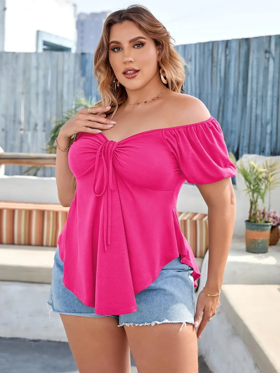 SOLY HUX Women's Plus Size Short Sleeve Peplum Blouse Tie Front Ruffle Hem Summer T Shirt Tops
