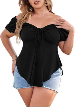 SOLY HUX Women's Plus Size Short Sleeve Peplum Blouse Tie Front Ruffle Hem Summer T Shirt Tops