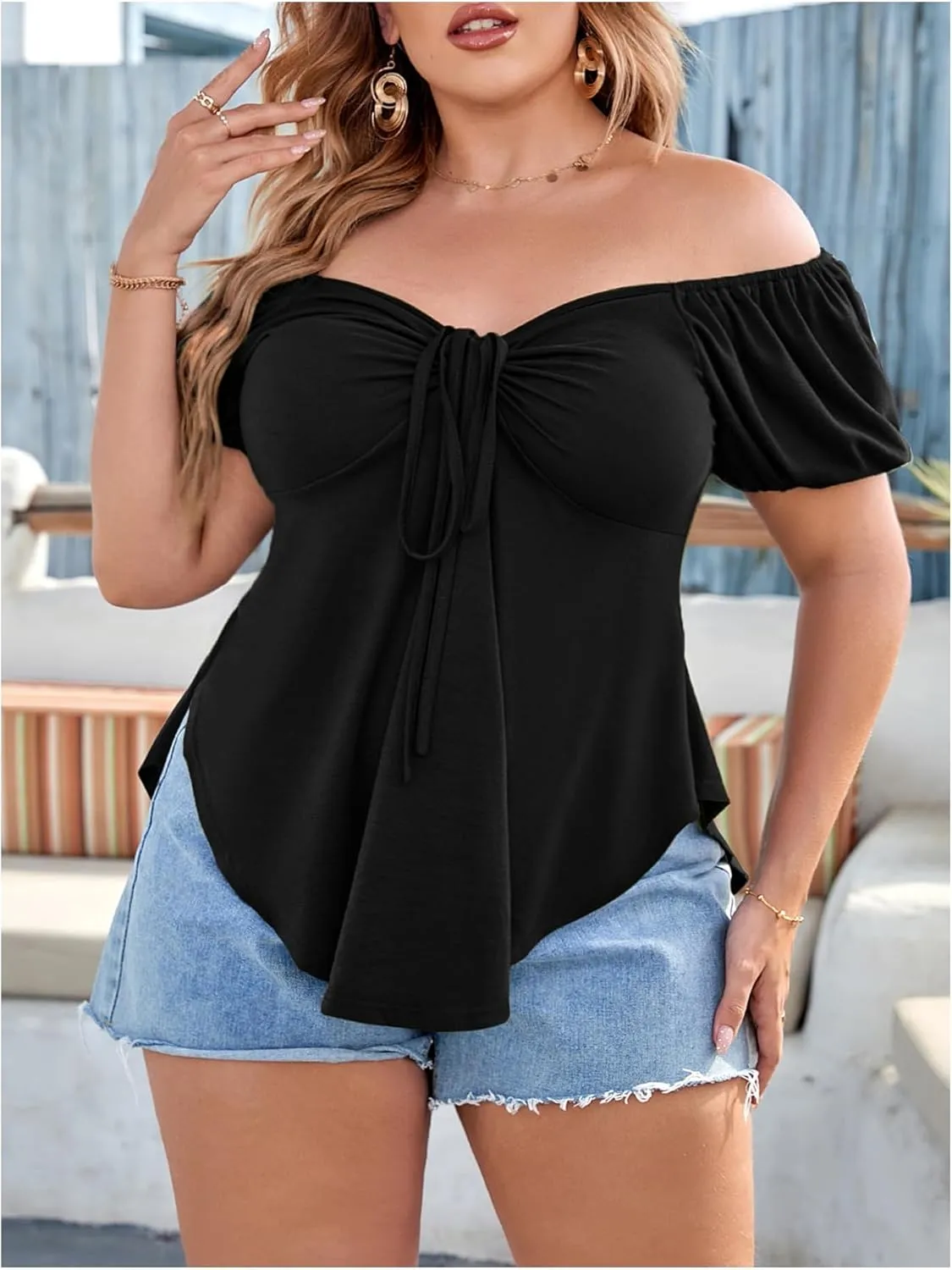 SOLY HUX Women's Plus Size Short Sleeve Peplum Blouse Tie Front Ruffle Hem Summer T Shirt Tops