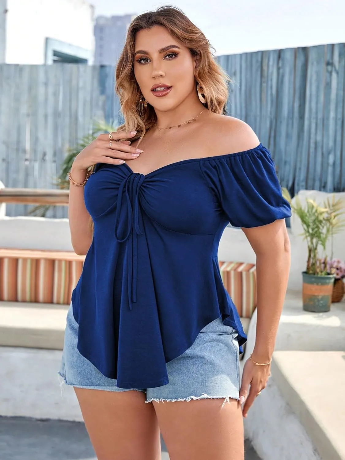 SOLY HUX Women's Plus Size Short Sleeve Peplum Blouse Tie Front Ruffle Hem Summer T Shirt Tops