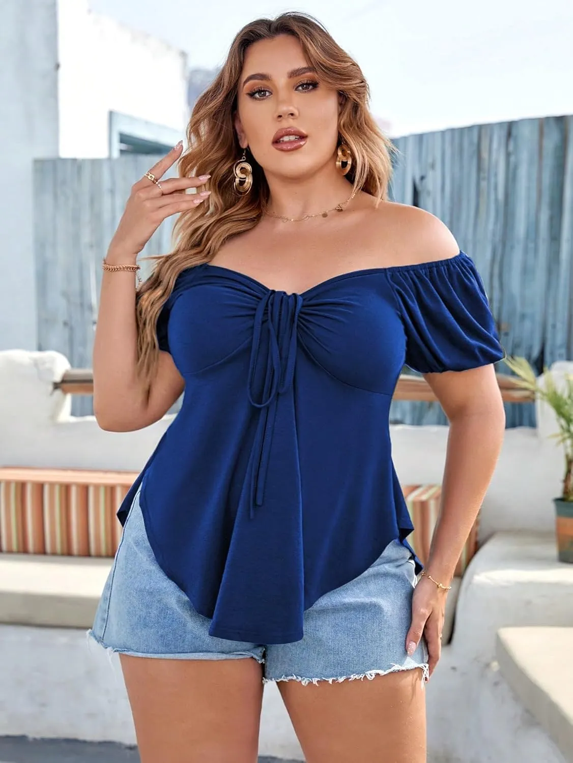 SOLY HUX Women's Plus Size Short Sleeve Peplum Blouse Tie Front Ruffle Hem Summer T Shirt Tops