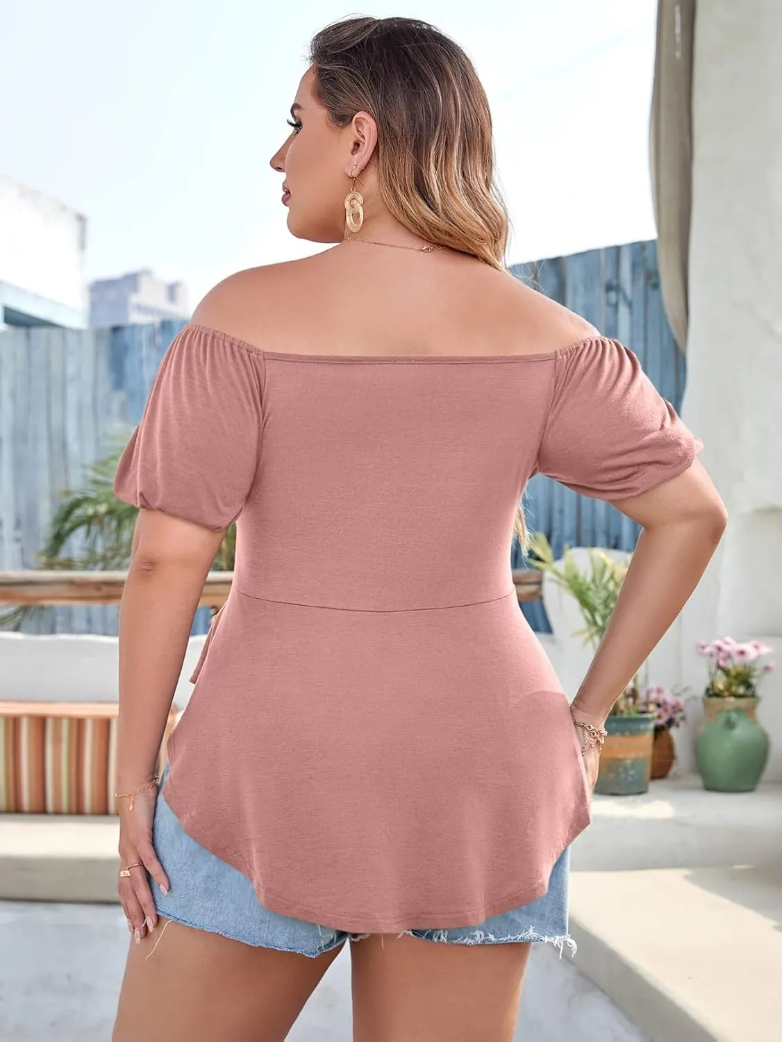 SOLY HUX Women's Plus Size Short Sleeve Peplum Blouse Tie Front Ruffle Hem Summer T Shirt Tops