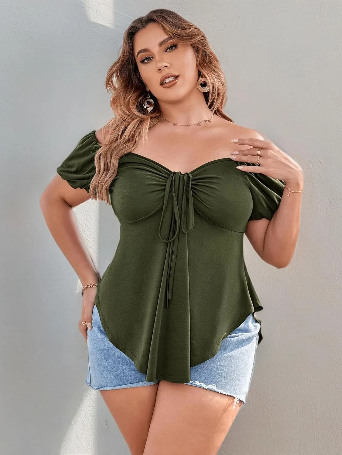 SOLY HUX Women's Plus Size Short Sleeve Peplum Blouse Tie Front Ruffle Hem Summer T Shirt Tops