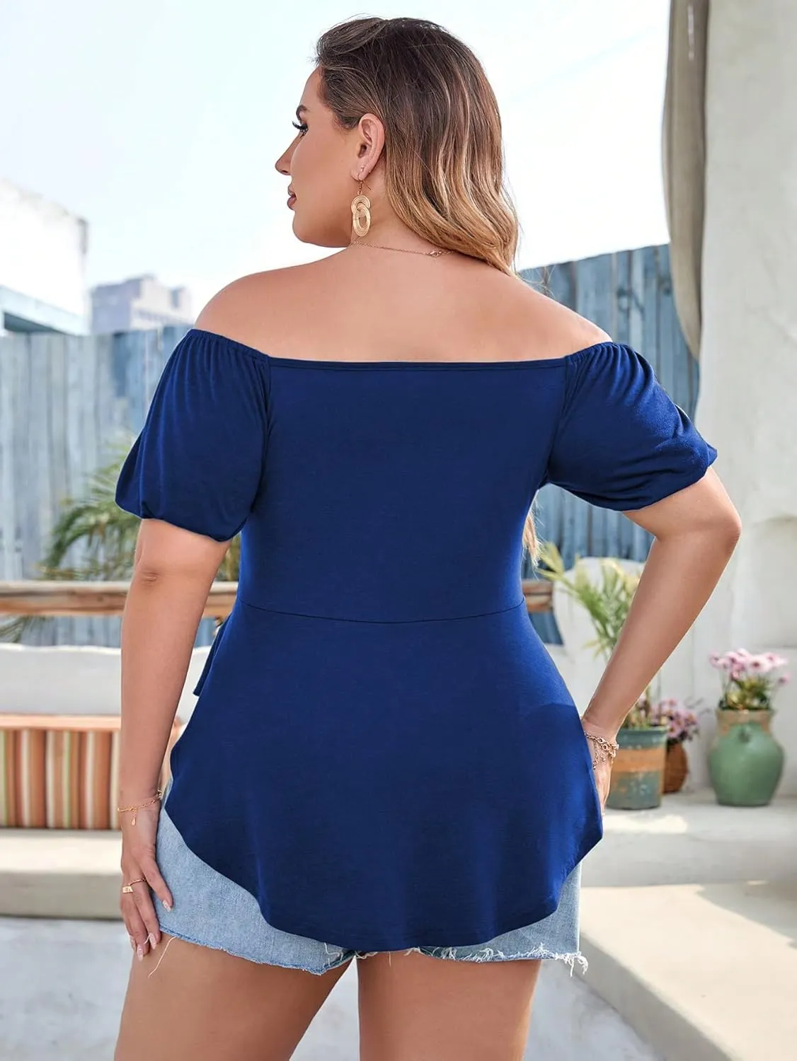 SOLY HUX Women's Plus Size Short Sleeve Peplum Blouse Tie Front Ruffle Hem Summer T Shirt Tops