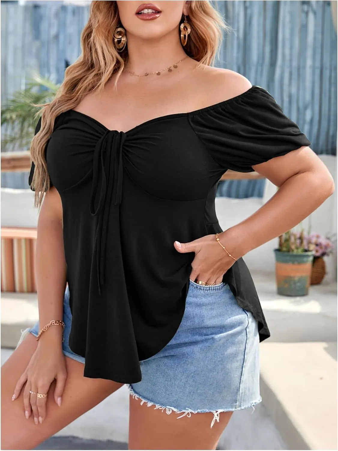 SOLY HUX Women's Plus Size Short Sleeve Peplum Blouse Tie Front Ruffle Hem Summer T Shirt Tops
