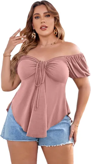 SOLY HUX Women's Plus Size Short Sleeve Peplum Blouse Tie Front Ruffle Hem Summer T Shirt Tops