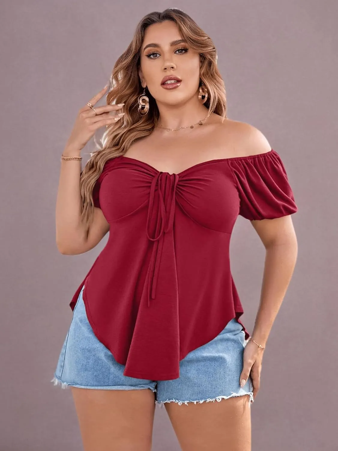 SOLY HUX Women's Plus Size Short Sleeve Peplum Blouse Tie Front Ruffle Hem Summer T Shirt Tops