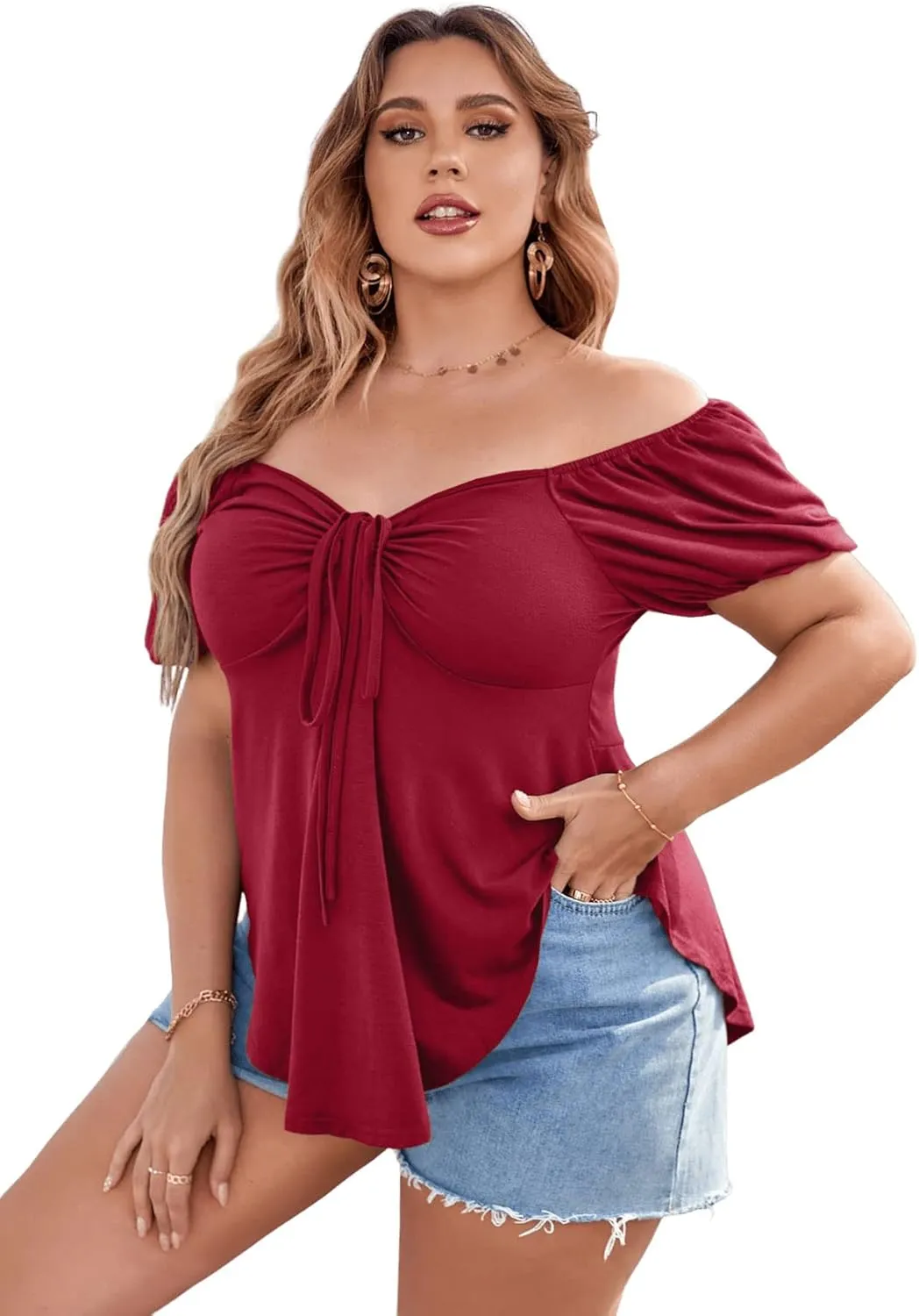 SOLY HUX Women's Plus Size Short Sleeve Peplum Blouse Tie Front Ruffle Hem Summer T Shirt Tops