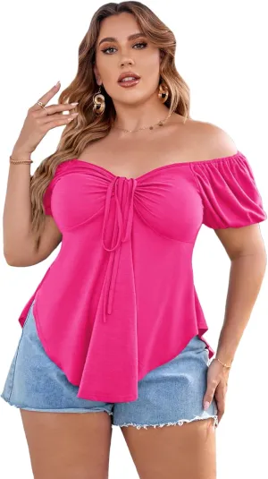 SOLY HUX Women's Plus Size Short Sleeve Peplum Blouse Tie Front Ruffle Hem Summer T Shirt Tops