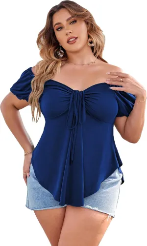 SOLY HUX Women's Plus Size Short Sleeve Peplum Blouse Tie Front Ruffle Hem Summer T Shirt Tops