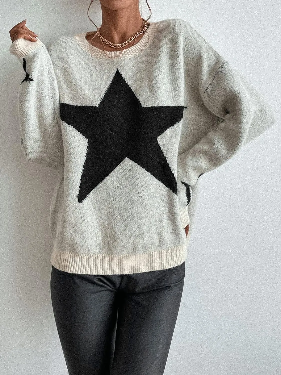 SOLY HUX Women's Star Print Long Sleeve Crewneck Sweater Drop Shoulder Pullover Tops