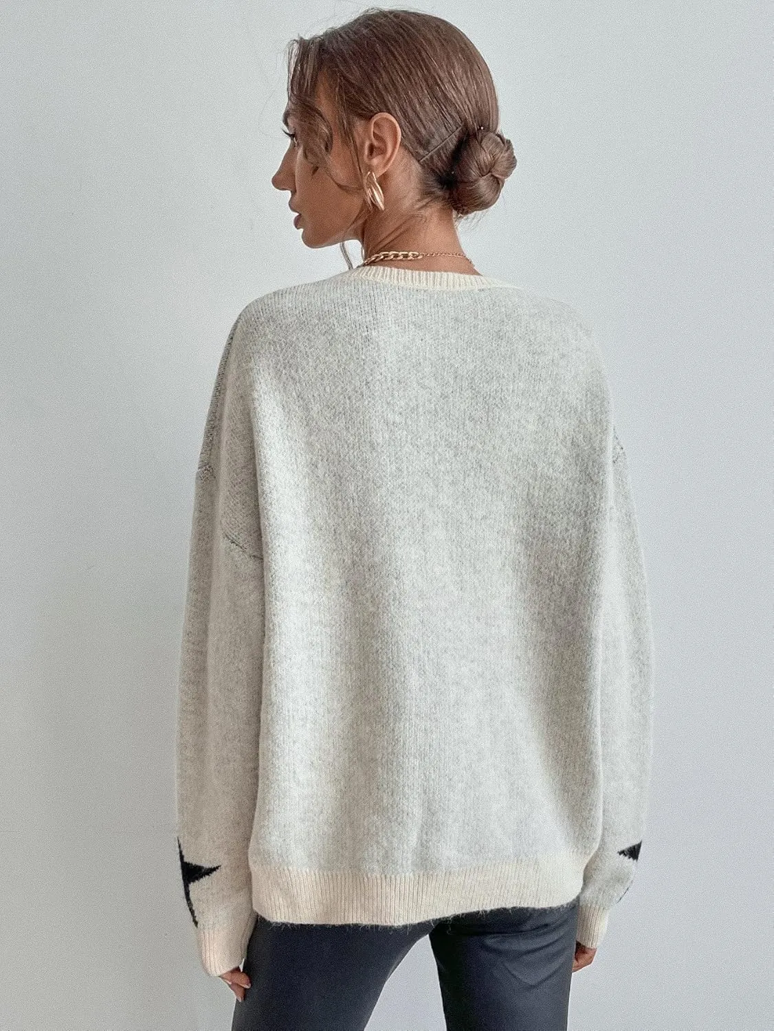 SOLY HUX Women's Star Print Long Sleeve Crewneck Sweater Drop Shoulder Pullover Tops