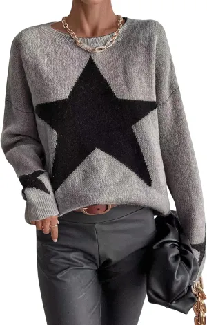 SOLY HUX Women's Star Print Long Sleeve Crewneck Sweater Drop Shoulder Pullover Tops