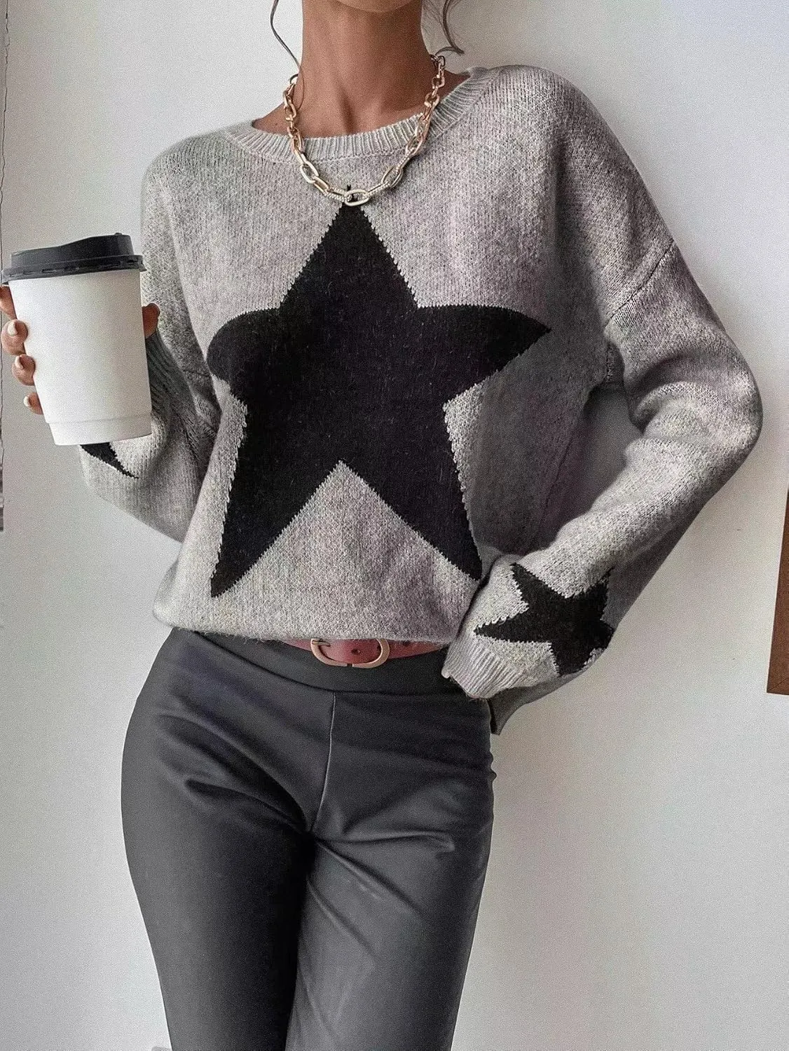 SOLY HUX Women's Star Print Long Sleeve Crewneck Sweater Drop Shoulder Pullover Tops
