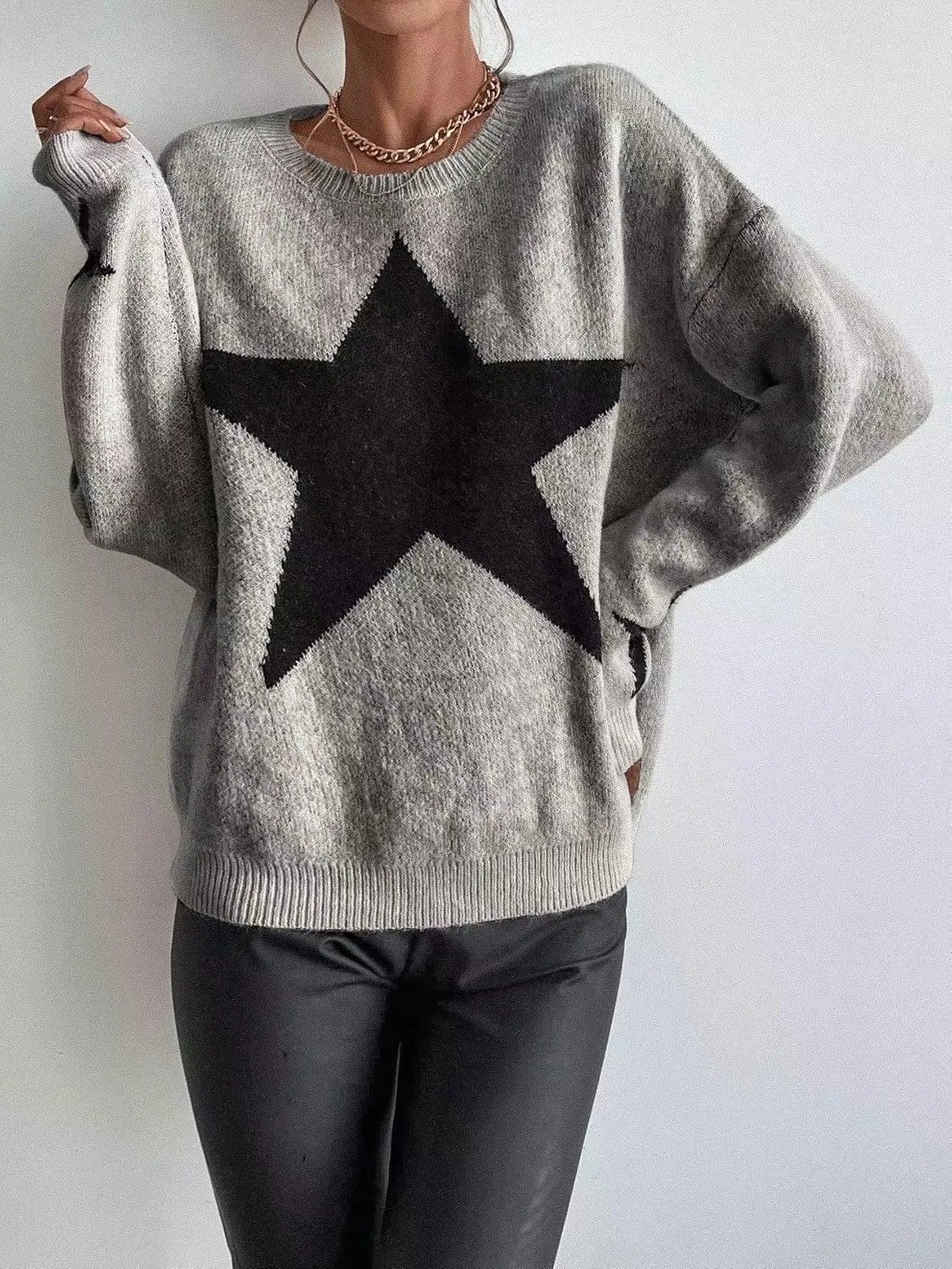 SOLY HUX Women's Star Print Long Sleeve Crewneck Sweater Drop Shoulder Pullover Tops
