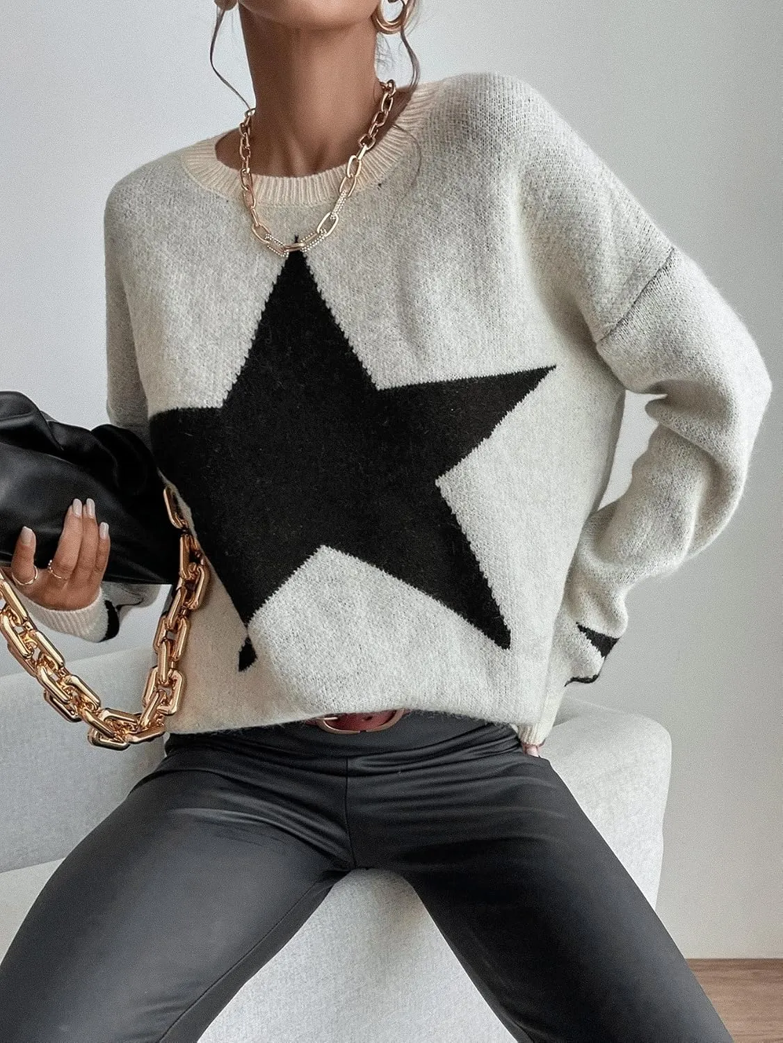 SOLY HUX Women's Star Print Long Sleeve Crewneck Sweater Drop Shoulder Pullover Tops