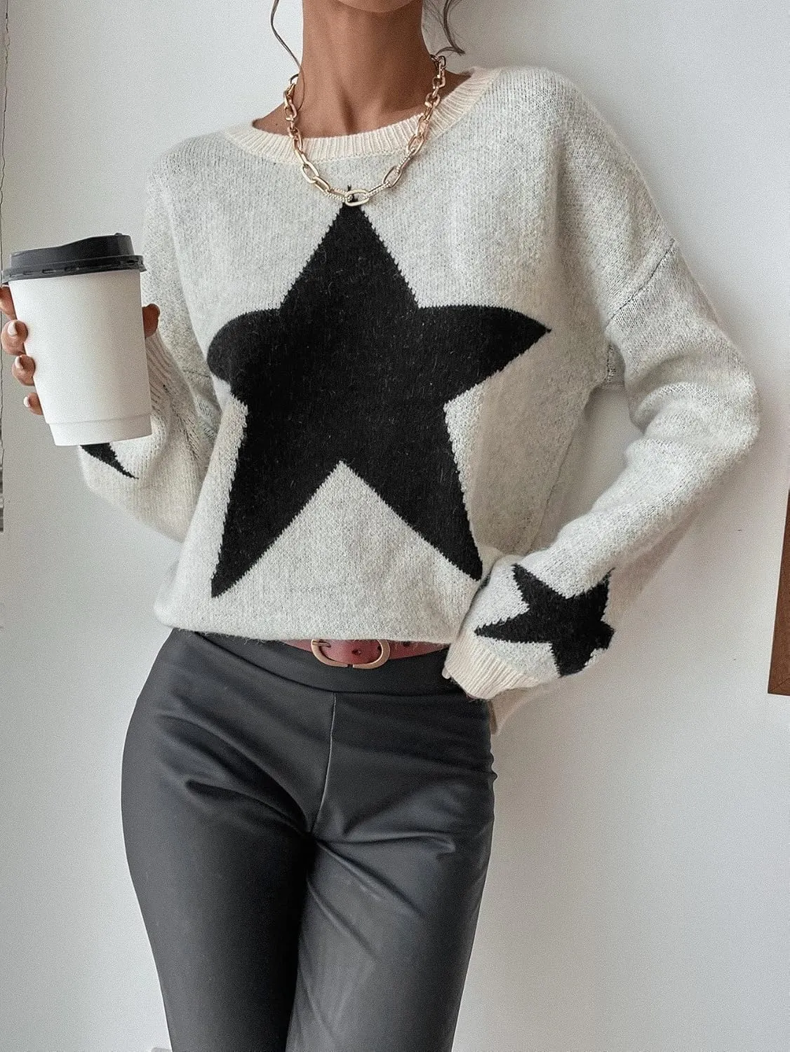 SOLY HUX Women's Star Print Long Sleeve Crewneck Sweater Drop Shoulder Pullover Tops