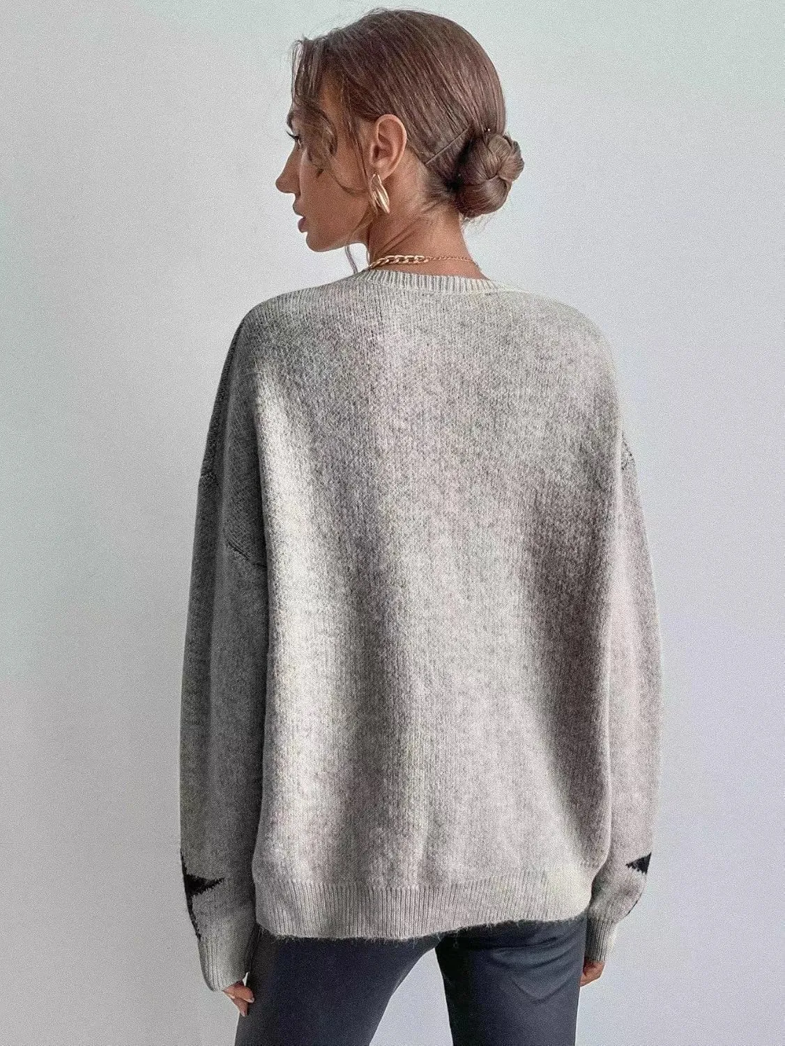 SOLY HUX Women's Star Print Long Sleeve Crewneck Sweater Drop Shoulder Pullover Tops