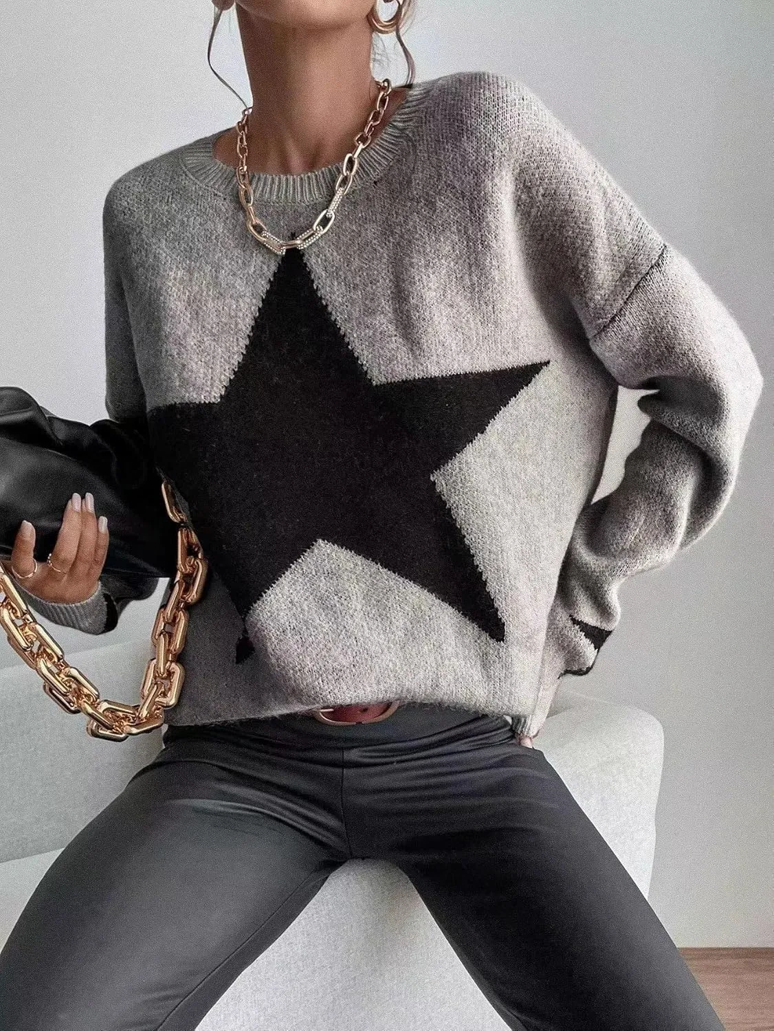 SOLY HUX Women's Star Print Long Sleeve Crewneck Sweater Drop Shoulder Pullover Tops