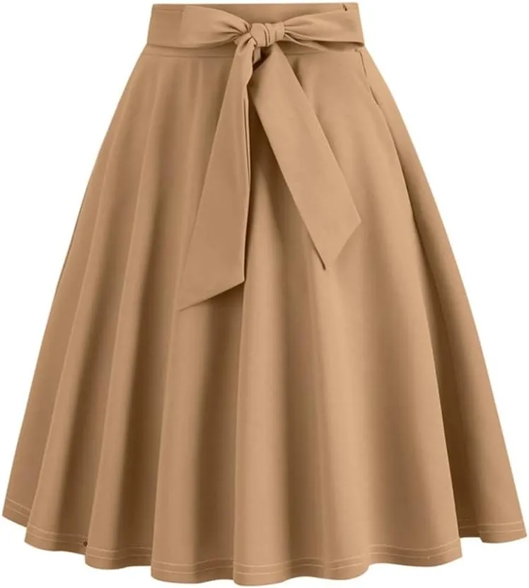 Sorrica Women's Vintage Pleated Midi Skirts High Waist A-line Flared Skater Skirts with Pockets
