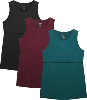 Sosolism 3 Pack Nursing Tank Tops Sleeveless Workout Pumping Shirts Scoop Neck Double Layer Summer Breastfeeding Tops