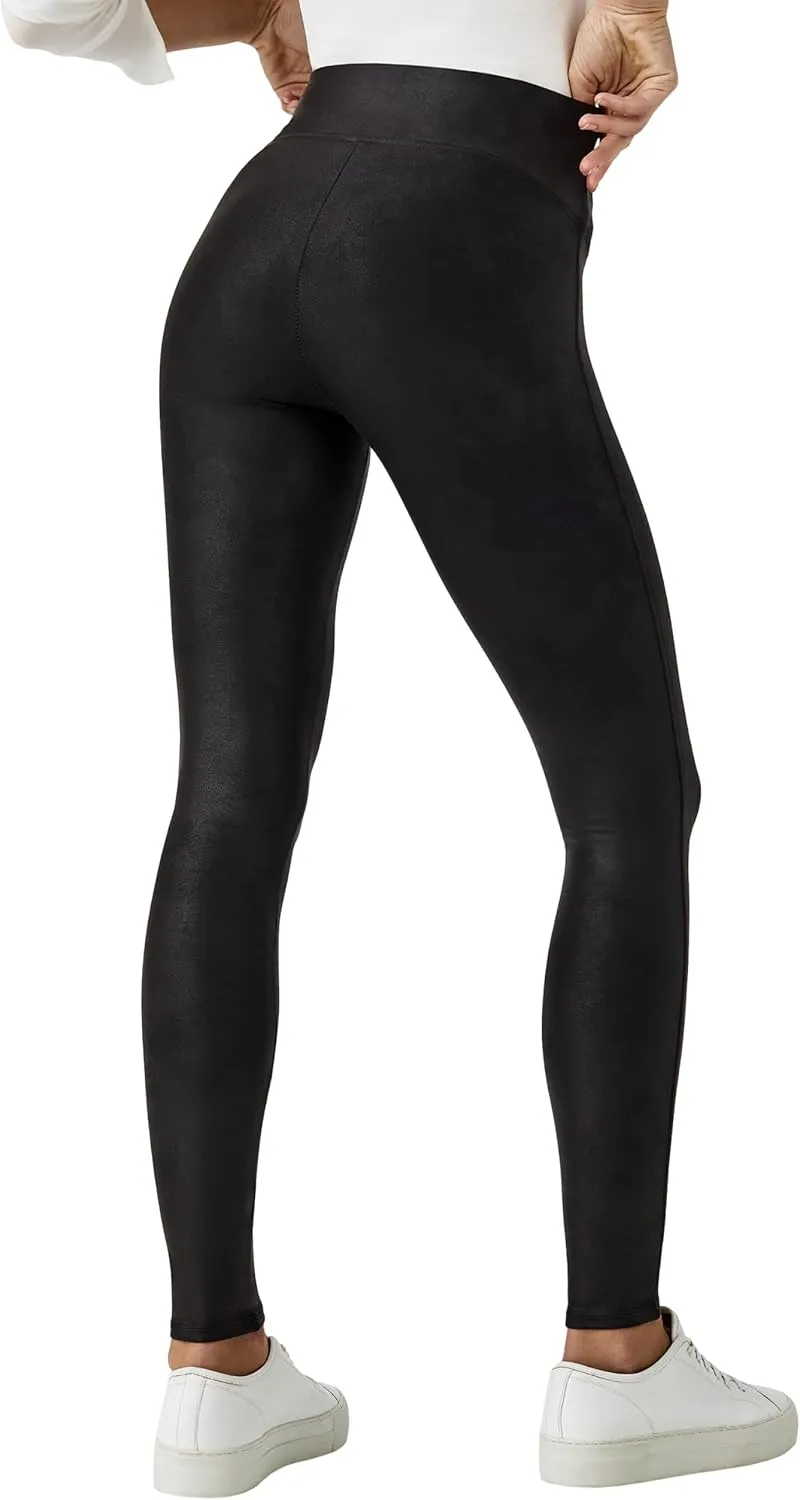 SPANX Faux Leather Fleece-Lined Legging-Tummy Control Legging-Contoured Power Waistband Stomach Compression-High Waist-Black