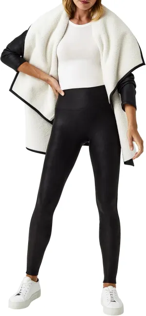 SPANX Faux Leather Fleece-Lined Legging-Tummy Control Legging-Contoured Power Waistband Stomach Compression-High Waist-Black