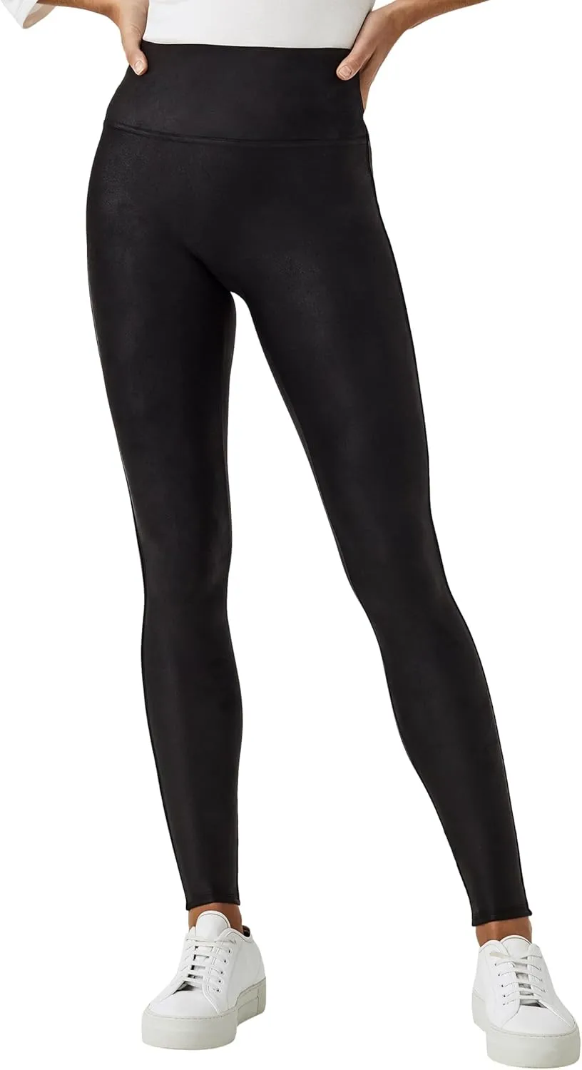 SPANX Faux Leather Fleece-Lined Legging-Tummy Control Legging-Contoured Power Waistband Stomach Compression-High Waist-Black
