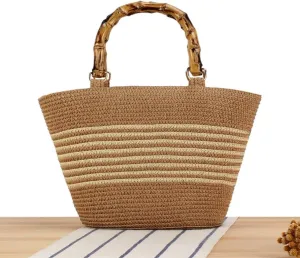 Straw Bag For Women Handmade Weaving Shoulder Imitation Bamboo Handle Large Tote Hobo Summer Beach Bag