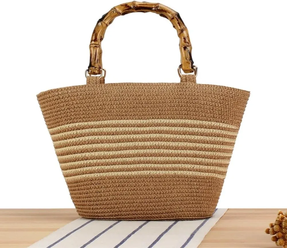 Straw Bag For Women Handmade Weaving Shoulder Imitation Bamboo Handle Large Tote Hobo Summer Beach Bag