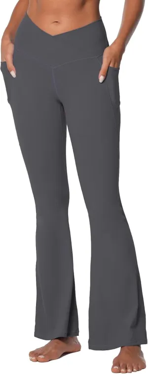 Sunzel Flare Leggings for Women with Pockets, Crossover Yoga Pants with Tummy Control, High Waisted and Wide Leg