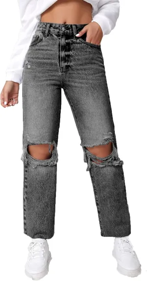 SweatyRocks Women's High Waist Ripped Distressed Cropped Jeans Straight Leg Denim Pants