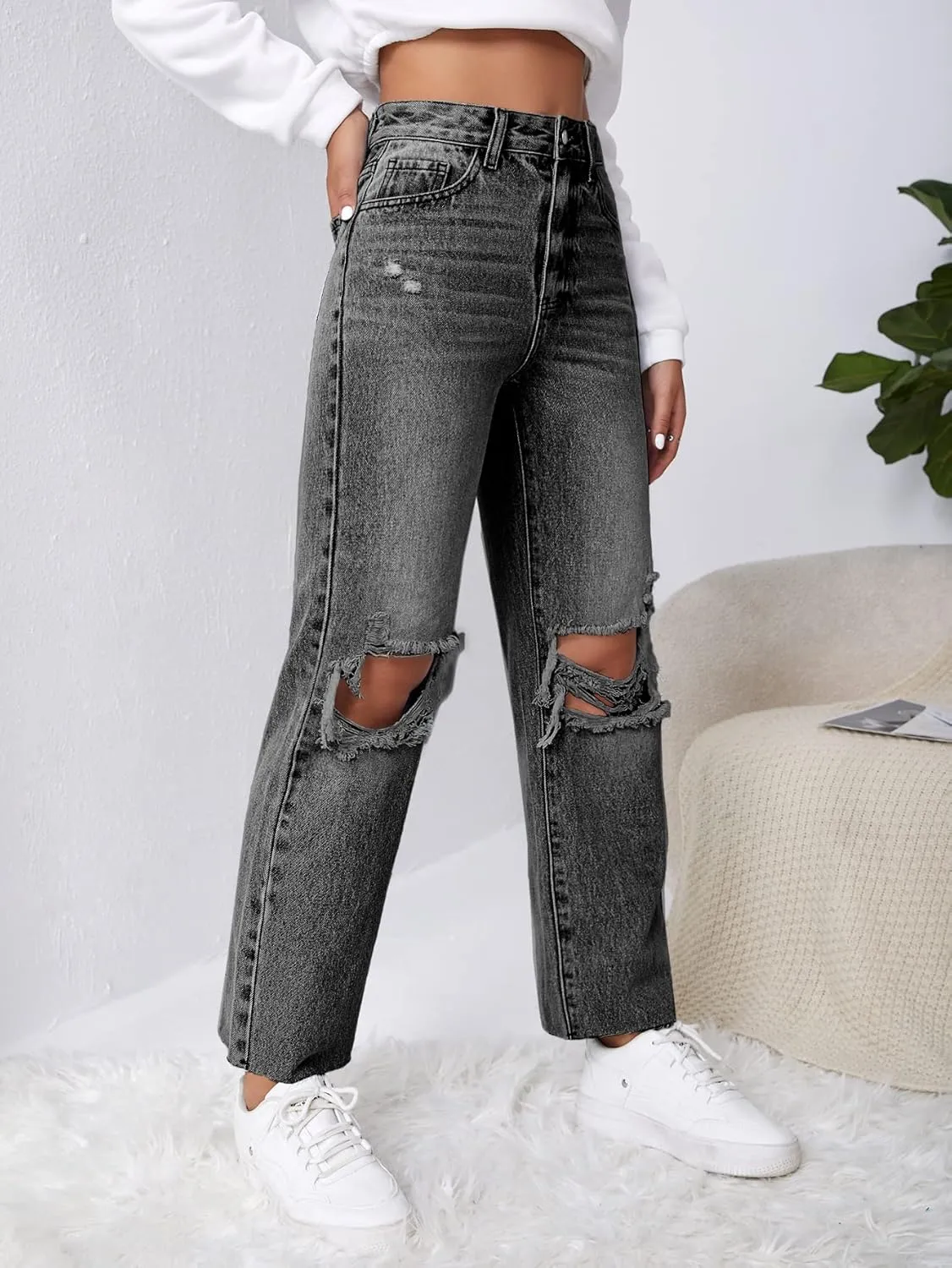 SweatyRocks Women's High Waist Ripped Distressed Cropped Jeans Straight Leg Denim Pants