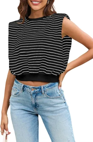 Tankaneo Women's Stripped Tank Tops Crewneck Casual Summer Sleeveless Vest with Shoulder Pads