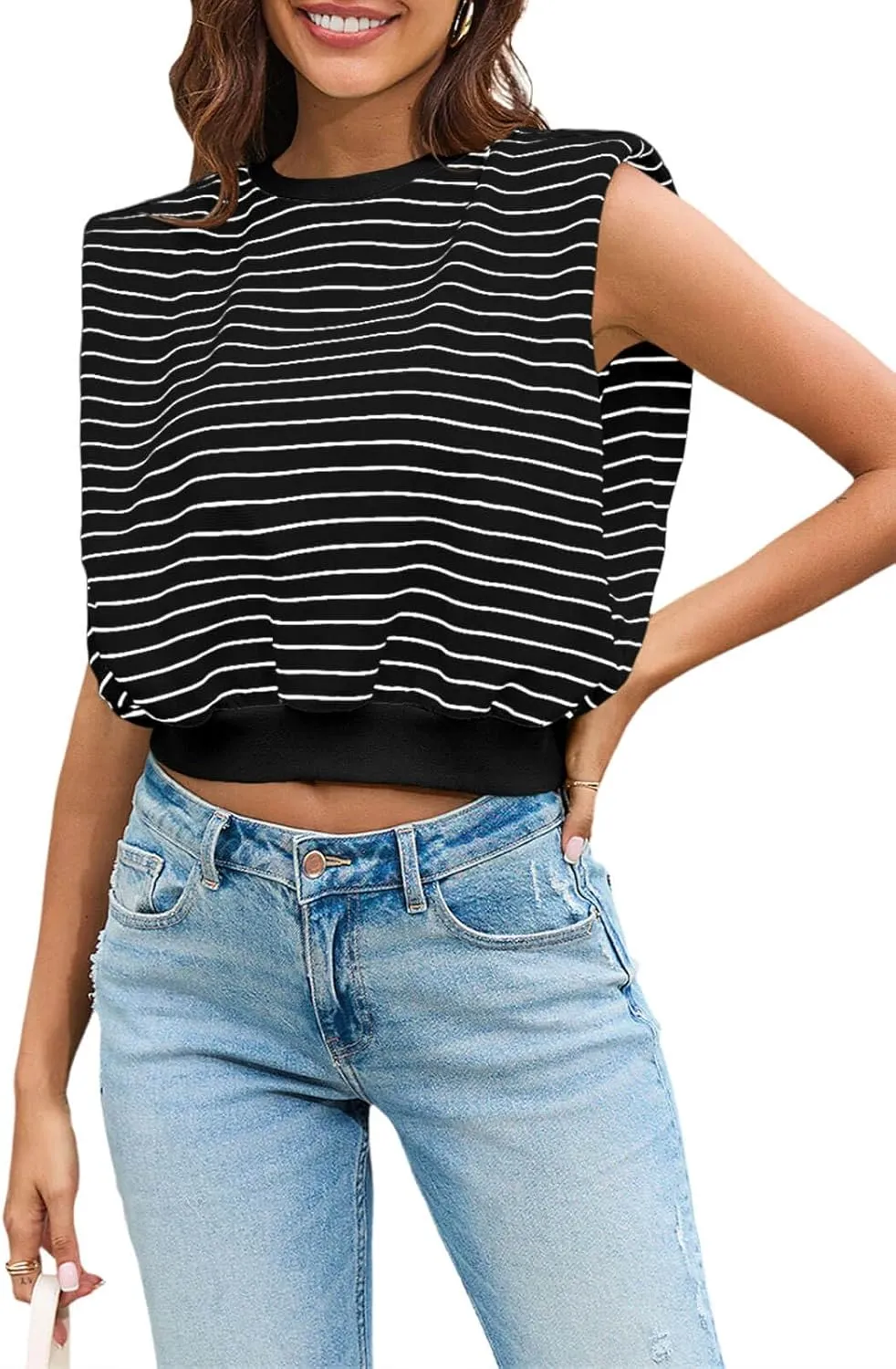 Tankaneo Women's Stripped Tank Tops Crewneck Casual Summer Sleeveless Vest with Shoulder Pads