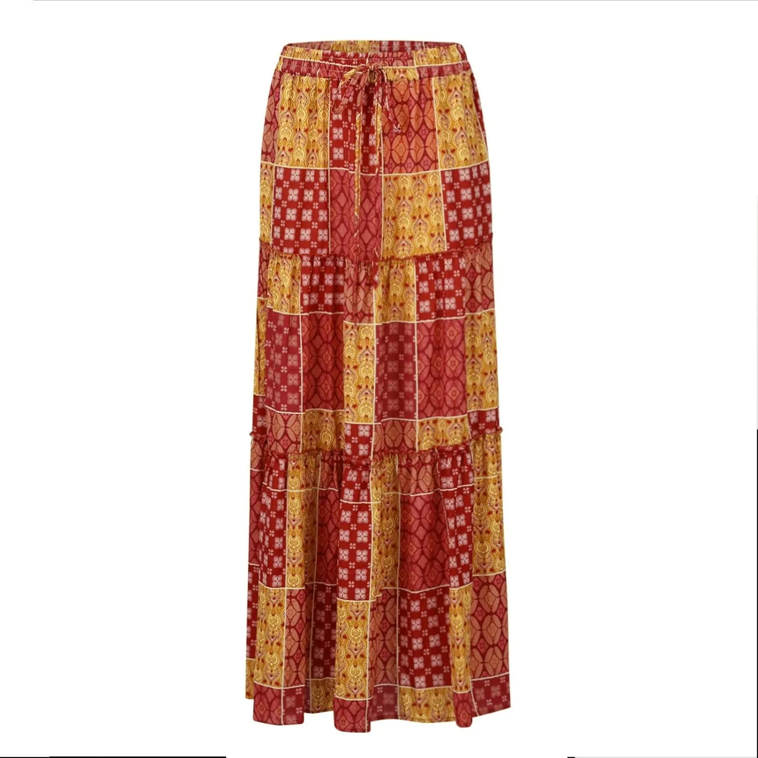 Tiered Pleated Skirts for Women Boho Floral Beach A Line Maxi Skirt Summer Casual High Waist Long Skirts with Pockets