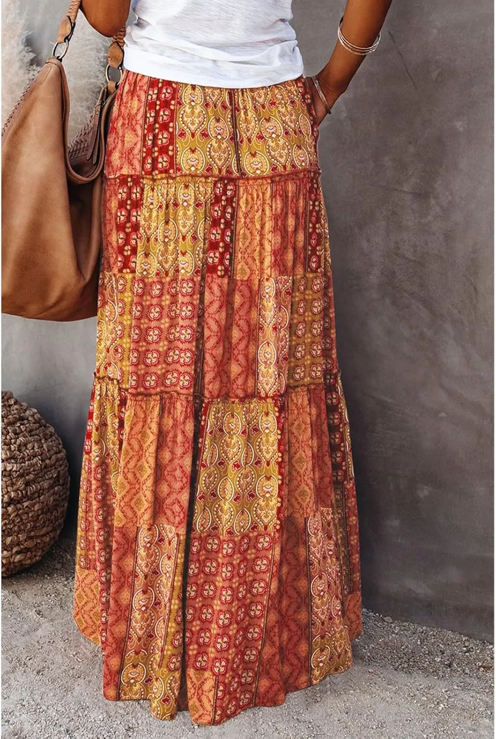 Tiered Pleated Skirts for Women Boho Floral Beach A Line Maxi Skirt Summer Casual High Waist Long Skirts with Pockets