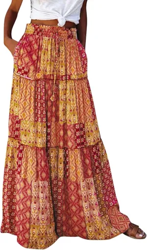 Tiered Pleated Skirts for Women Boho Floral Beach A Line Maxi Skirt Summer Casual High Waist Long Skirts with Pockets