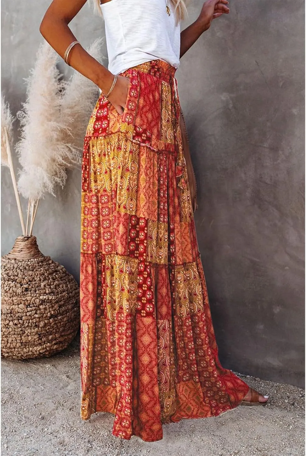 Tiered Pleated Skirts for Women Boho Floral Beach A Line Maxi Skirt Summer Casual High Waist Long Skirts with Pockets