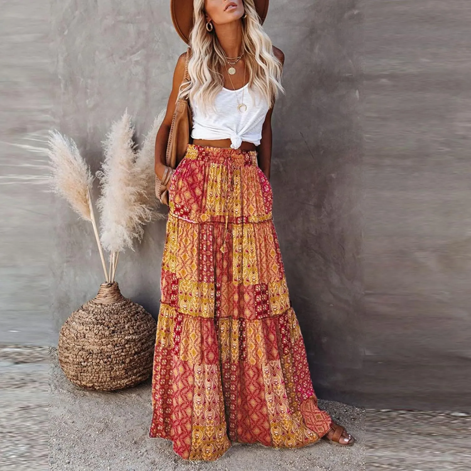 Tiered Pleated Skirts for Women Boho Floral Beach A Line Maxi Skirt Summer Casual High Waist Long Skirts with Pockets